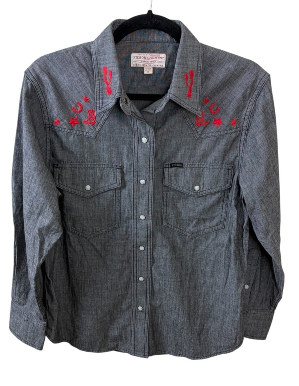 CC Filson Black Chambray Horse Embroidered Pearl Snap Western Shirt Size XS
